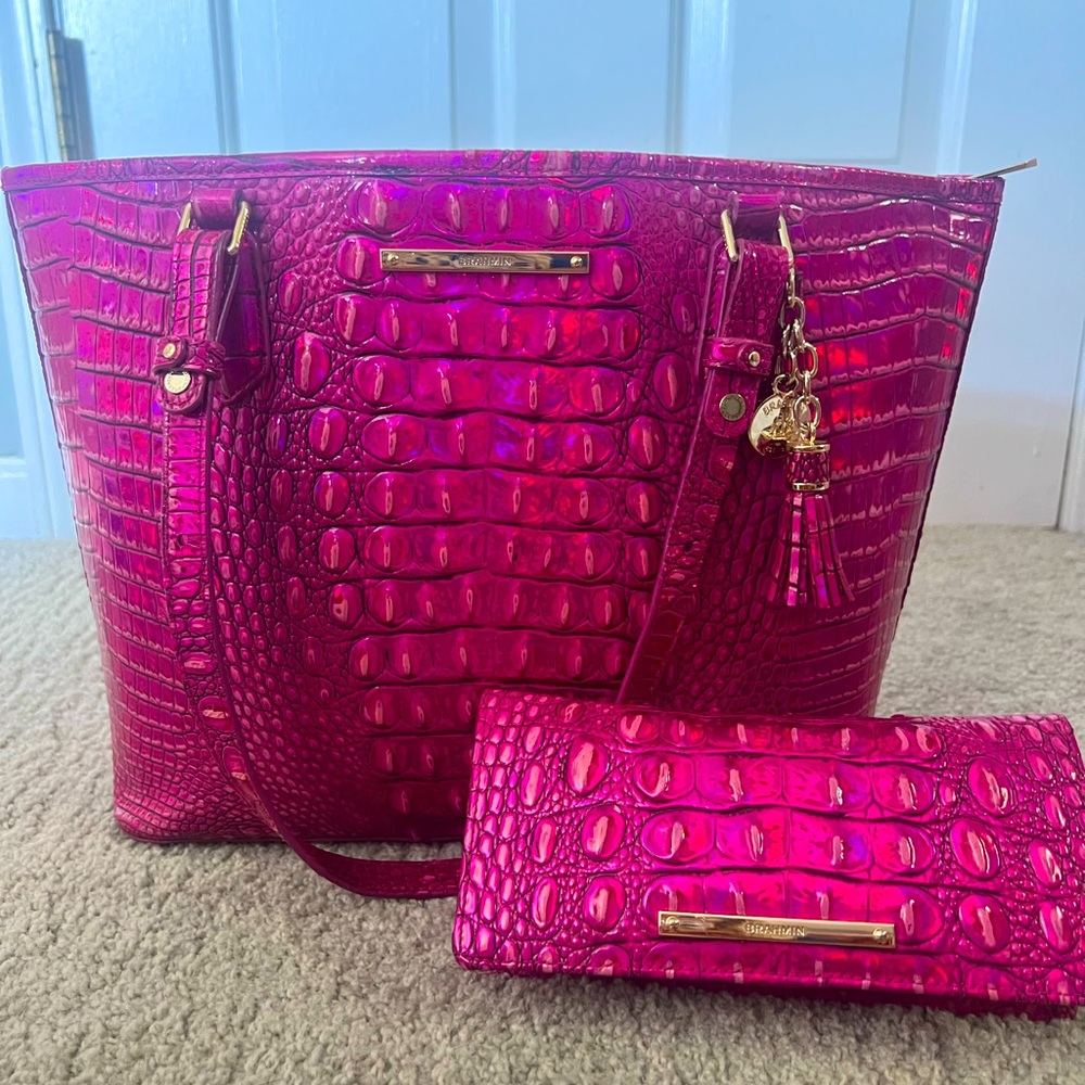 Brahmin Medium Asher Potion Hot Pink Metallic Melbourne Leather Tote & Wallet